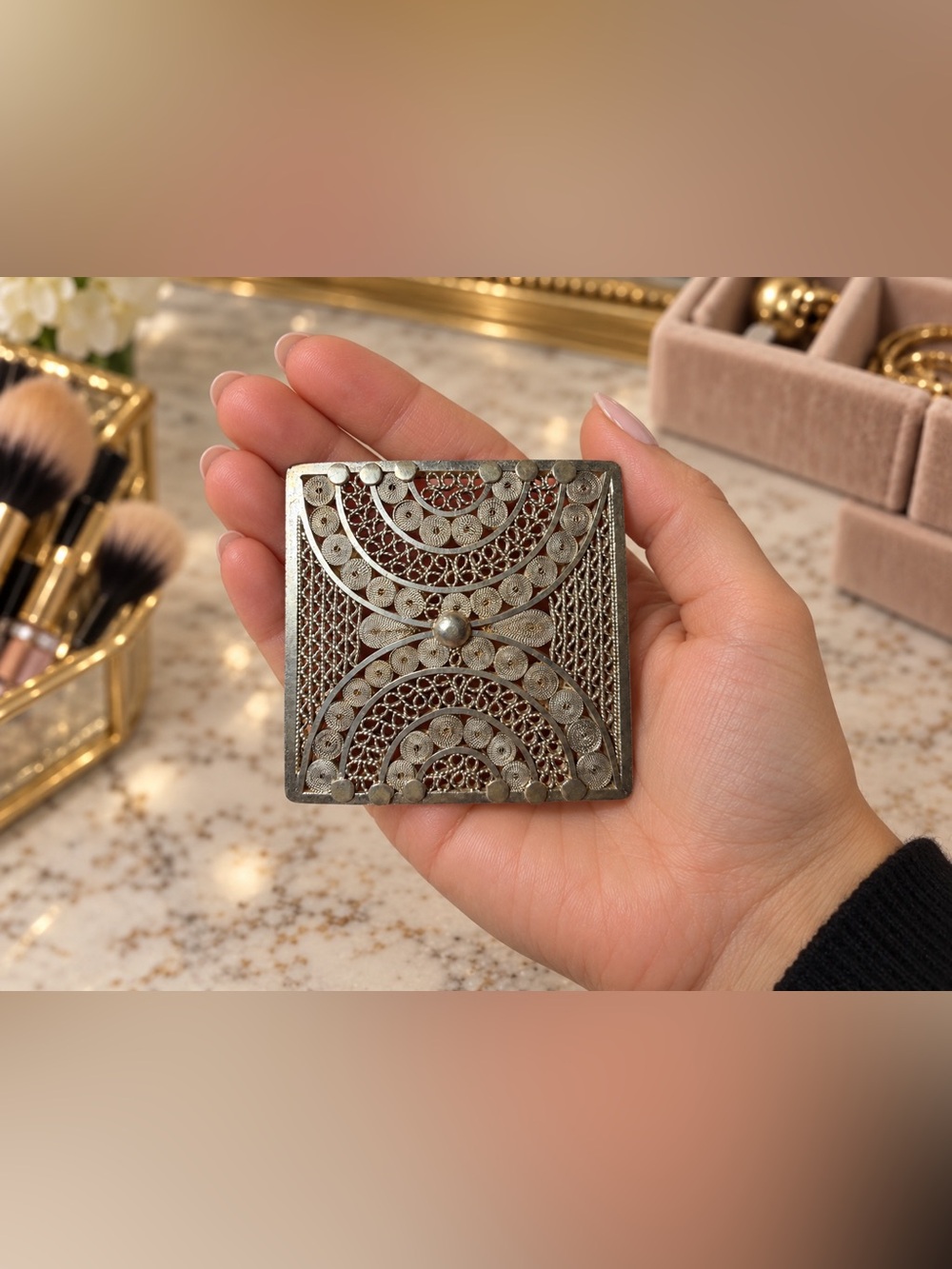 Vintage Silver-Tone Filigree Square Convertible Brooch & Pendant
